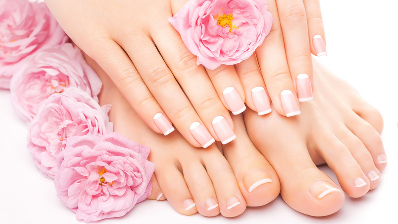 french pedicure and manicure with a pink rose flower isolated on the white